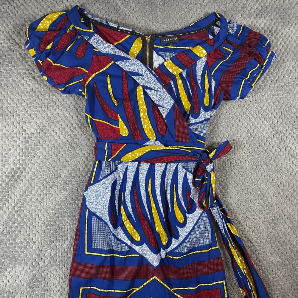 Mae Otti African Wax Print Cotton Midi Dress Faux Wrap Large Pockets Colorful - Picture 4 of 12